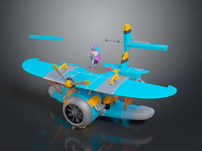 Colorful Toy Airplane Model With Pilot Figure On Blue Wings 3d model