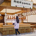 Japanese Restaurant With Open Kitchen Counter Wooden Bar Design Hanging Lantern Decor And Dining Customers