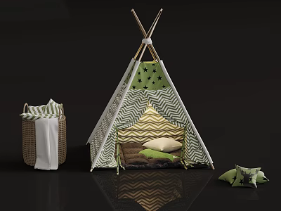 Kids Play Tipi Tent With Green Star Pattern Zigzag Stripes Laundry Basket And Stuffed Toys 3d model