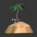 Small Island Scene With Palm Tree Red Haired Figure Blue Tail And Red Star