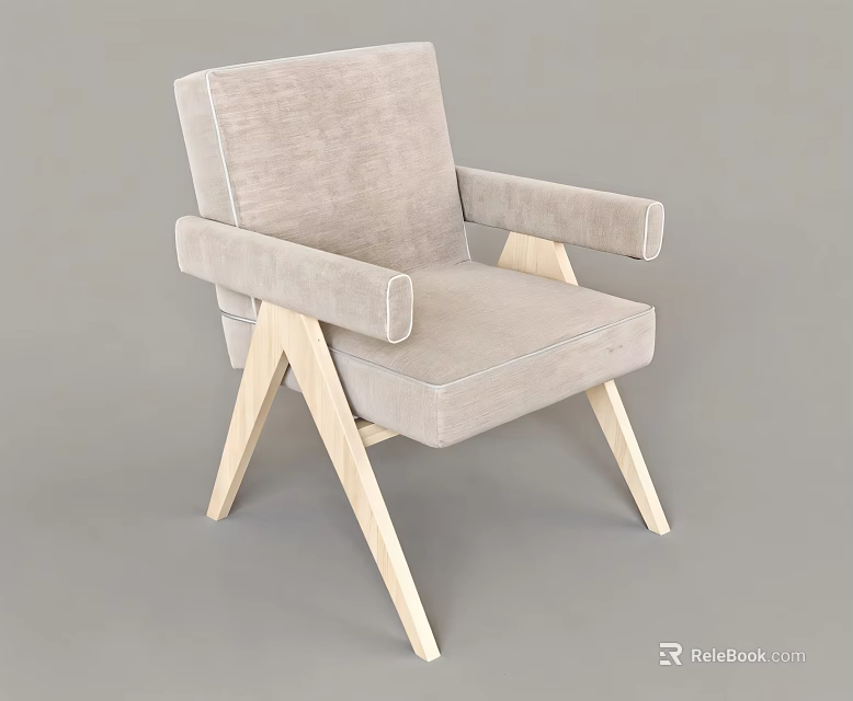 Minimalist Accent Chair With Light Gray Fabric Upholstery And Wooden Legs 3d model 