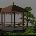 Traditional Wooden Garden Pavilion With Chinese Style Carvings Surrounding Pine Tree Pond And Aquatic Plants