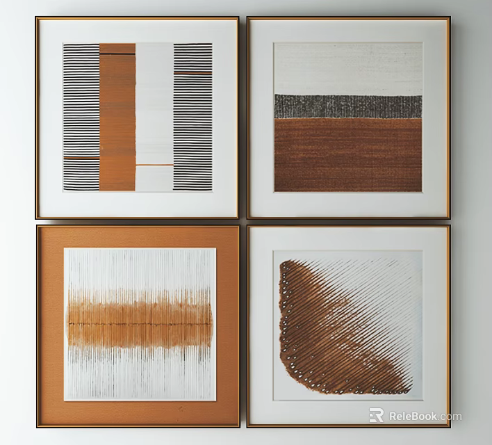 Four Abstract Framed Wall Art Pieces With Brown White Black Textured Patterns 3d model