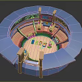 Cartoon Scene Of Round Blue Arena With Open Entrance And Interior Small Characters