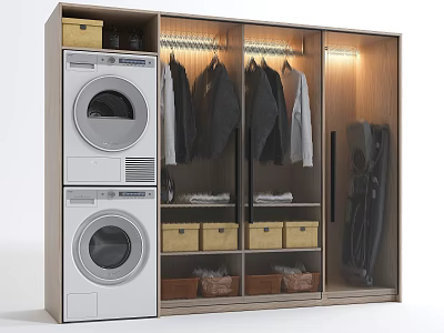 Modern Wooden Wardrobe With Stacked Laundry Machines Hanging Clothes Storage Bins And Drawers 3d model