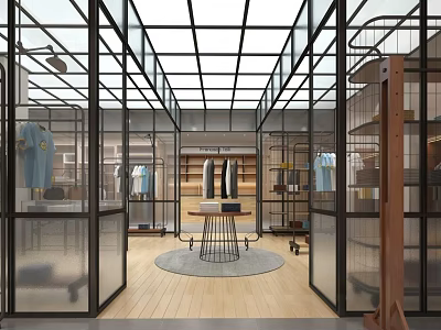 Modern Clothing Store Interior With Glass Partitions Metal Frame Ceiling Clothing Displays And Wooden Flooring 3d model