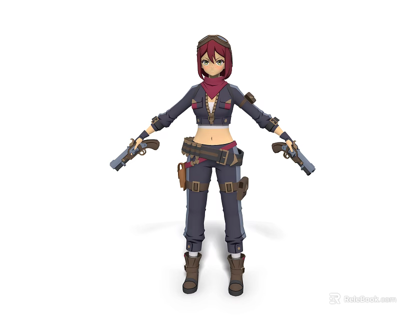 Game Character With Red Hair Headscarf Dark Outfit Utility Pouches And Dual Pistols 3d model 