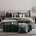 Modern Bedroom Interior Design With Green Bench Nightstands Decorative Pillows And Pendant Light
