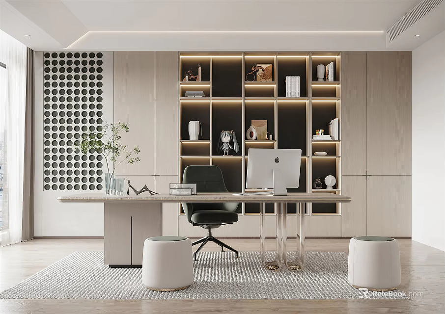 Modern Study Room Interior Design With Wooden Desk Black Chair Lit Bookshelf And Area Rug 3d model 