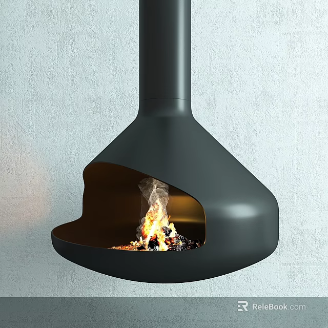 Sleek Black Hanging Fireplace With Burning Flames And Gray Wall Background 3d model 