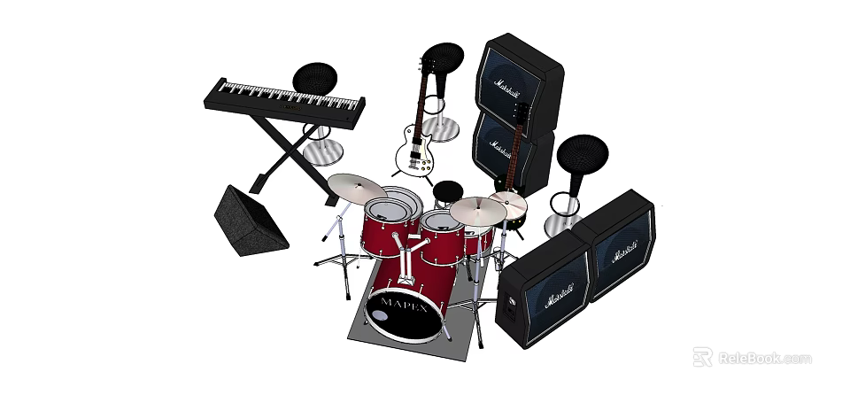 Professional Musical Instruments Collection With Drum Set Keyboard Guitar And Speakers 3d model 