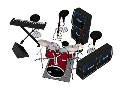 Professional Musical Instruments Collection With Drum Set Keyboard Guitar And Speakers 3d model