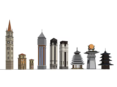 Various Styles of Towers Featuring Diverse Architectural Designs and Structures 3d model
