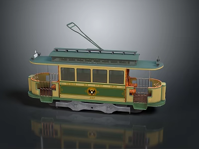 Vintage Green And Yellow Tram Model With Trolley Pole And Carriage Windows 3d model