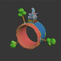 Colorful Blue And Pink Ring Structure With Green Tree Decorations And Small Sheep With Hat
