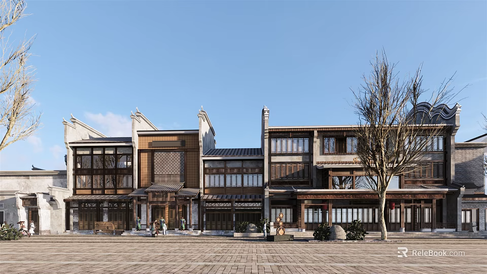 Traditional Commercial Street with Multi Story Classical Architecture Storefronts and Pedestrian Square 3d model 