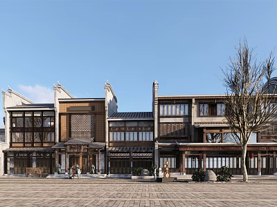 Traditional Commercial Street with Multi Story Classical Architecture Storefronts and Pedestrian Square 3d model