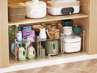 Organized Kitchen Storage Shelf With Jars Containers And Cleaning Supplies 3d model