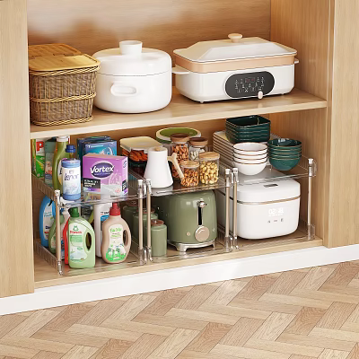 Organized Kitchen Storage Shelf With Jars Containers And Cleaning Supplies 3d model