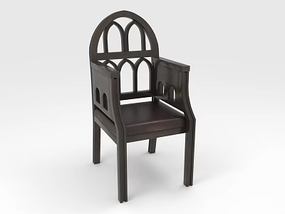 Vintage Dark Wooden Armchair With Arched Back Design And Leather Seat 3d model