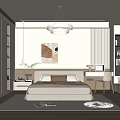 Modern Light Toned Bedroom Interior Design With Bed Desk Bookshelf Rug And Chandelier