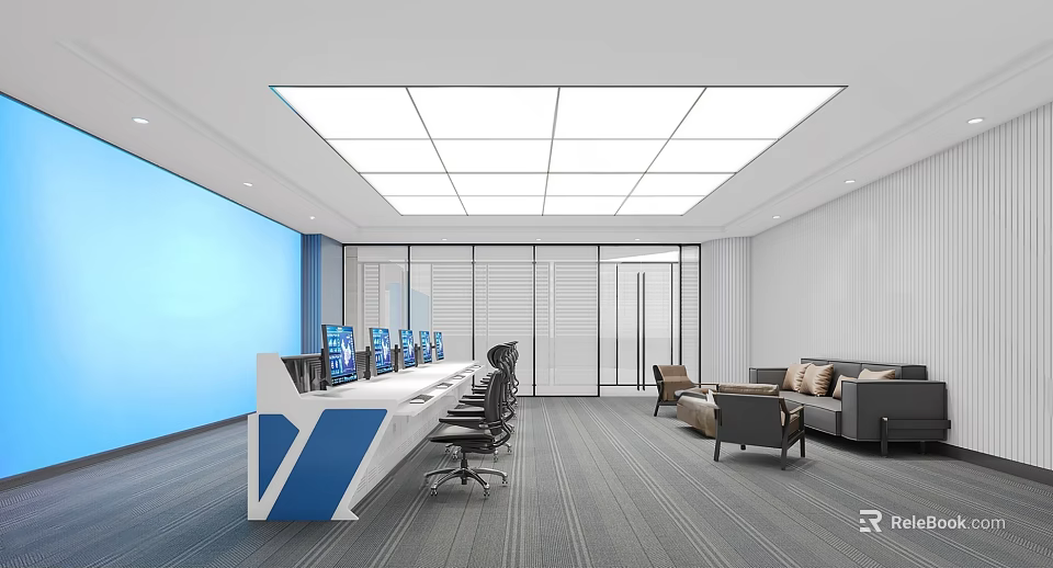 Modern Office Space With Blue Accent Wall Reception Desk Computers And Sofa Area 3d model