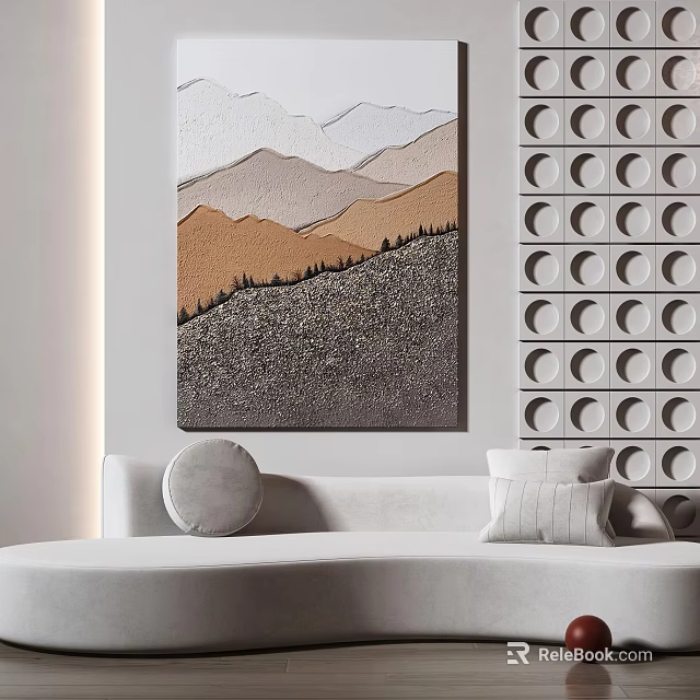 Modern Luxury Living Room With Abstract Painting Geometric Wall And Circular Pillows 3d model 