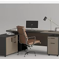 Modern Office Desk With Ergonomic Chair Wooden Top Monitor And Storage Drawers
