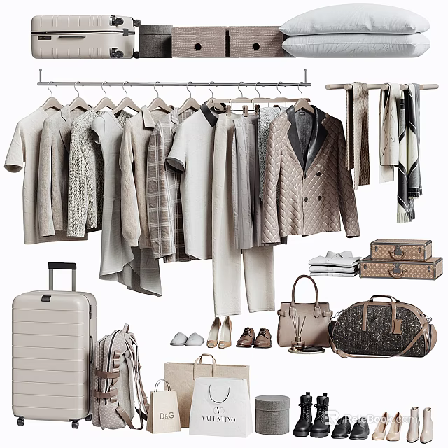 Hanging Clothes With Various Styles And Accessories Like Bags And Shoes 3d model 