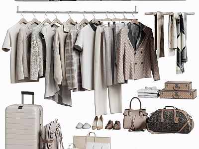 Hanging Clothes With Various Styles And Accessories Like Bags And Shoes 3d model