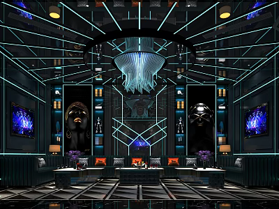 Modern KTV Lounge Interior With Neon Lights Seating Area And Sound System 3d model