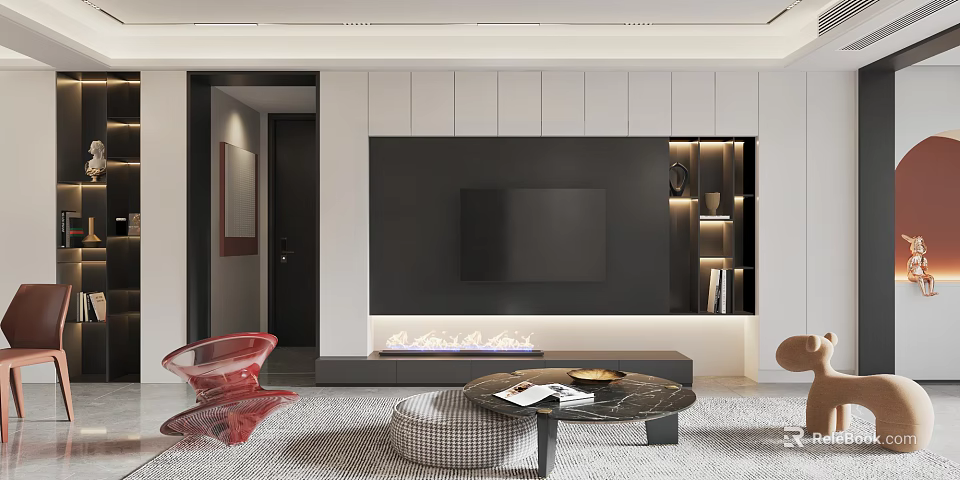 Modern Living Dining Room Interior Design With TV Wall Fireplace And Coffee Table 3d model 
