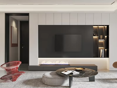 Modern Living Dining Room Interior Design With TV Wall Fireplace And Coffee Table 3d model
