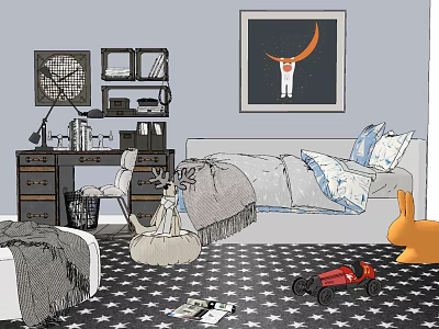 Kids Room Interior With Gray Walls Moon Painting Desk Blue White Bedding And Star Carpet 3d model