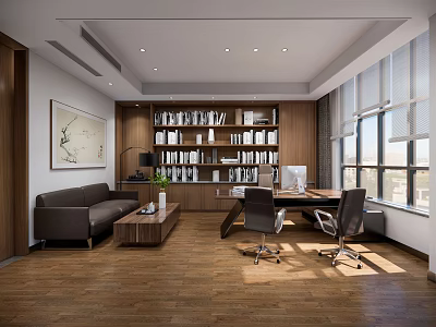 Modern Office Interior Design With Large Windows Wooden Floors Bookshelves Desk And Chairs 3d model