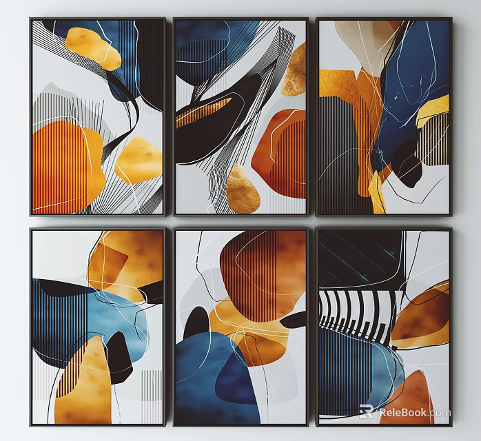 Abstract Modern Paintings With Colorful Geometric Shapes And Blue Orange Yellow Tones 3d model 