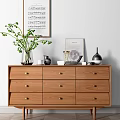 Wooden Entryway Console Table With Drawers Green Plant Photo Frame And Music Sheet Poster