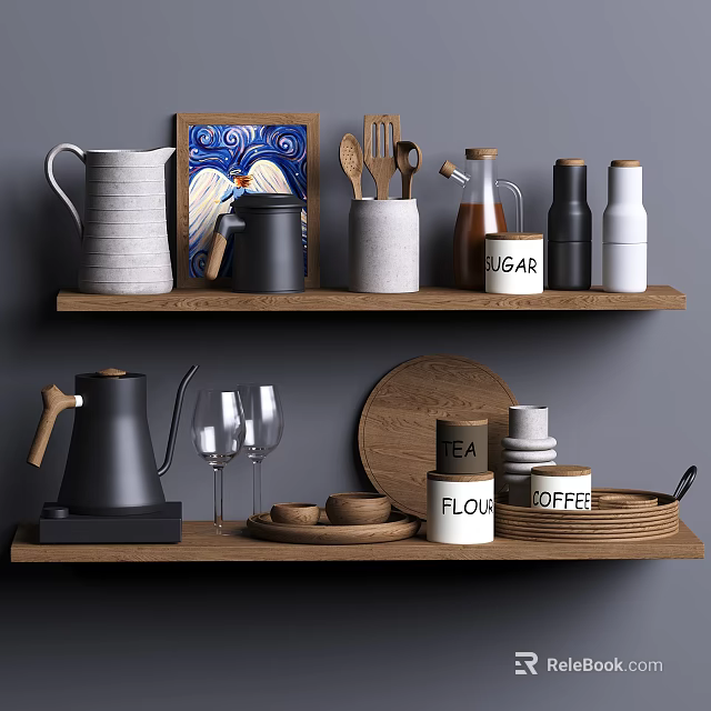 Stylish Kitchenware Arranged On Wooden Shelves With Pitcher Mugs Spoons Jars And Glasses 3d model 