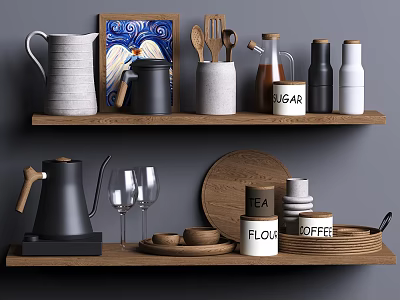 Stylish Kitchenware Arranged On Wooden Shelves With Pitcher Mugs Spoons Jars And Glasses 3d model
