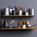 Stylish Kitchenware Arranged On Wooden Shelves With Pitcher Mugs Spoons Jars And Glasses