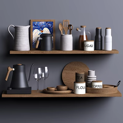 Stylish Kitchenware Arranged On Wooden Shelves With Pitcher Mugs Spoons Jars And Glasses 3d model