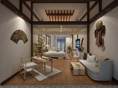 Chinese Style Hotel Guest Room Featuring Wooden Elements Sofa Bed Green Plants And Fan Decorations 3d model