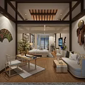 Chinese Style Hotel Guest Room Featuring Wooden Elements Sofa Bed Green Plants And Fan Decorations