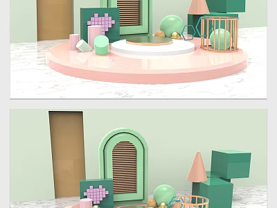 Pastel Geometric Shapes Display On Pink Circular Platform With Green Archway 3d model