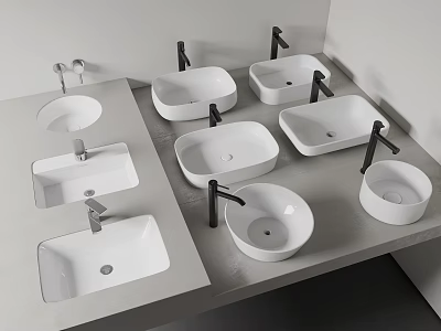 White Washbasins Various Shapes and Modern Designs on Exhibition Counter for Bathroom 3d model