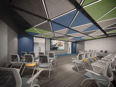 Modern Conference Room with Geometric Patterned Ceiling Blue Green Gray White Chairs and Projection Screen 3d model