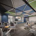Modern Conference Room with Geometric Patterned Ceiling Blue Green Gray White Chairs and Projection Screen