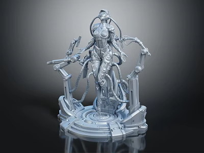 Detailed Futuristic Mechanical Female Character With Robotic Arms Chains And Pedestal 3d model