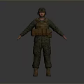 Military Soldier in Camouflage Uniform with Tactical Vest Helmet and Boots Standing Pose