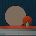 Orange Circular Display Shelf with Blue Vertical Striped Background and White Cylindrical Object Orange Sphere 3d model